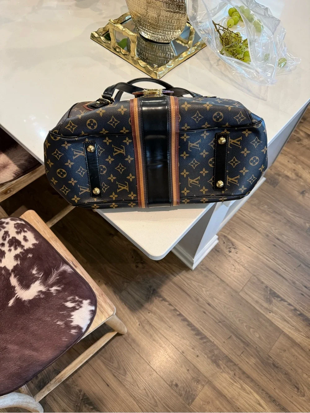 Louis Vuitton Monogram Canvas Duffel with Black Center Strap & Tan Trim